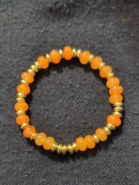 Gold Tone Orange Calcite Gemstone Beaded Stretchy Elastic Statement Bracelet